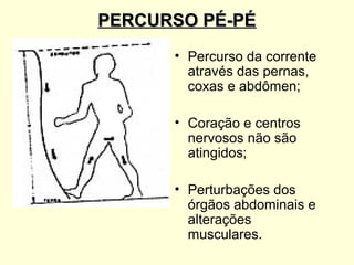 PERCURSO PÉ-PÉ
      • Percurso da corrente
        através das pernas,
        coxas e abdômen;

      • Coração e centros
        nervosos não são
        atingidos;

      • Perturbações dos
        órgãos abdominais e
        alterações
        musculares.
 