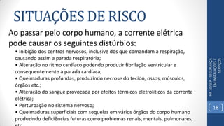 SITUAÇÕES DE RISCO
NR10/SEP-SEGURANÇA
EMINSTALAÇÕESE
SERVIÇOS
Ao passar pelo corpo humano, a corrente elétrica
pode causar os seguintes distúrbios:
• Inibição dos centros nervosos, inclusive dos que comandam a respiração,
causando assim a parada respiratória;
• Alteração no ritmo cardíaco podendo produzir fibrilação ventricular e
consequentemente a parada cardíaca;
• Queimaduras profundas, produzindo necrose do tecido, ossos, músculos,
órgãos etc.;
• Alteração do sangue provocada por efeitos térmicos eletrolíticos da corrente
elétrica;
• Perturbação no sistema nervoso;
• Queimaduras superficiais com sequelas em vários órgãos do corpo humano
produzindo deficiências futuras como problemas renais, mentais, pulmonares,
18
 