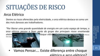SITUAÇÕES DE RISCO
NR10/SEP-SEGURANÇA
EMINSTALAÇÕESE
SERVIÇOS
Arco Elétrico
Dentre os riscos oferecidos pela eletricidade, o arco elétrico destaca-se como um
dos mais danosos aos trabalhadores.
“Por liberar uma grande quantidade de energia em um curto espaço de tempo, o
arco elétrico passou a fazer parte do grupo dos principais riscos envolvendo
eletricidade, juntamente com o choque elétrico.” (A natureza e os riscos do arco elétrico - Por Alan Rômulo
Silva Queiroz e Eduardo César Senger)
• Vamos Pensar.... Existe diferença entre choque
21
 