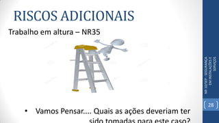 RISCOS ADICIONAIS
NR10/SEP-SEGURANÇA
EMINSTALAÇÕESE
SERVIÇOS
Trabalho em altura – NR35
• Vamos Pensar.... Quais as ações deveriam ter
28
 