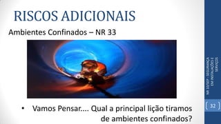 RISCOS ADICIONAIS
NR10/SEP-SEGURANÇA
EMINSTALAÇÕESE
SERVIÇOS
Ambientes Confinados – NR 33
• Vamos Pensar.... Qual a principal lição tiramos
de ambientes confinados?
32
 