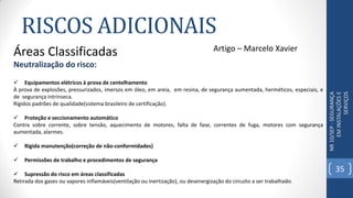 RISCOS ADICIONAIS
NR10/SEP-SEGURANÇA
EMINSTALAÇÕESE
SERVIÇOS
Áreas Classificadas
Neutralização do risco:
 Equipamentos elétricos à prova de centelhamento
À prova de explosões, pressurizados, imersos em óleo, em areia, em resina, de segurança aumentada, herméticos, especiais, e
de segurança intrínseca.
Rígidos padrões de qualidade(sistema brasileiro de certificação).
 Proteção e seccionamento automático
Contra sobre corrente, sobre tensão, aquecimento de motores, falta de fase, correntes de fuga, motores com segurança
aumentada, alarmes.
 Rígida manutenção(correção de não-conformidades)
 Permissões de trabalho e procedimentos de segurança
 Supressão do risco em áreas classificadas
Retirada dos gases ou vapores inflamáveis(ventilação ou inertização), ou desenergização do circuito a ser trabalhado.
35
Artigo – Marcelo Xavier
 