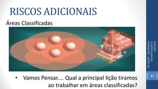 RISCOS ADICIONAIS
NR10/SEP-SEGURANÇA
EMINSTALAÇÕESE
SERVIÇOS
Áreas Classificadas
• Vamos Pensar.... Qual a principal lição tiramos
ao trabalhar em áreas classificadas?
37
 