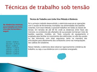 Técnica de Trabalho com Linha Viva Método à Distância
Foi o primeiro método desenvolvido, o eletricista executa as operações
com o auxílio de ferramentas montadas nas extremidades dos bastões
isolantes. Com esse método, é possível trabalhar em todas as classes de
tensão. Em tensões de até 69 kV, onde as distâncias entre fases são
menores, os condutores são afastados de sua posição normal por meio de
bastões suportes, moitões, etc. Todo conjunto de equipamento é
projetado para facilitar os movimentos dos eletricistas, no alto dos postes
ou das estruturas, com total segurança, tanto na manobra das
articulações para afastamento dos condutores como nas manipulações
das cadeias de isoladores.
Nesse método, o eletricista deve observar rigorosamente à distância de
trabalho, ou seja, a sua distância com o condutor energizado.
.
As distâncias mínimas
para trabalho em linha
viva são fornecidas a
seguir.
3,8 kV – 0,64 m
34,5 kV – 0,75 m
69 kV – 0,95 m
138 kV – 1,10 m
230 kV – 1,55 m
345 kV – 2,15 m
500 kV – 3,40 m
Técnicas de trabalho sob tensão
 