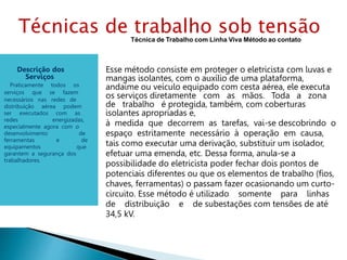 Técnica de Trabalho com Linha Viva Método ao contato
Descrição dos
Serviços
Praticamente todos os
serviços que se fazem
necessários nas redes de
distribuição aérea podem
ser executados com as
redes energizadas,
especialmente agora com o
desenvolvimento de
ferramentas e de
equipamentos que
garantem a segurança dos
trabalhadores.
Esse método consiste em proteger o eletricista com luvas e
mangas isolantes, com o auxílio de uma plataforma,
andaime ou veículo equipado com cesta aérea, ele executa
os serviços diretamente com as mãos. Toda a zona
de trabalho é protegida, também, com coberturas
isolantes apropriadas e,
à medida que decorrem as tarefas, vai-se descobrindo o
espaço estritamente necessário à operação em causa,
tais como executar uma derivação, substituir um isolador,
efetuar uma emenda, etc. Dessa forma, anula-se a
possibilidade do eletricista poder fechar dois pontos de
potenciais diferentes ou que os elementos de trabalho (fios,
chaves, ferramentas) o passam fazer ocasionando um curto-
circuito. Esse método é utilizado somente para linhas
de distribuição e de subestações com tensões de até
34,5 kV.
Técnicas de trabalho sob tensão
 