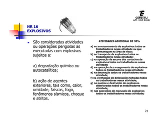 21
NR 16
EXPLOSIVOS
 São consideradas atividades
ou operações perigosas as
executadas com explosivos
sujeitos a:
a) degradação química ou
autocatalítica;
b) ação de agentes
exteriores, tais como, calor,
umidade, faíscas, fogo,
fenômenos sísmicos, choque
e atritos.
ATIVIDADES ADICIONAL DE 30%
a) no armazenamento de explosivos todos os
trabalhadores nessa atividade ou que
permaneçam na área de risco;
b) no transporte de explosivos todos os
trabalhadores nessa atividade;
c) na operação de escova dos cartuchos de
explosivos todos os trabalhadores nessa
atividade;
d) na operação de carregamento de explosivos
todos os trabalhadores nessa atividade
e) na detonação todos os trabalhadores nessa
atividade;
f) na verificação de detonações falhadas todos
os trabalhadores nessa atividade;
g) na queima e destruição de explosivos
deteriorados todos os trabalhadores nessa
atividade;
h) nas operações de manuseio de explosivos
todos os trabalhadores nessa atividade;
 