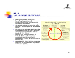 39
NR 10
10.2 - MEDIDAS DE CONTROLE
 Diagramas unifilares atualizados;
 Especificações do sistema de
aterramento e demais equipamentos e
dispositivos de proteção;
 Conjunto de procedimentos e instruções
técnicas e administrativas de Segurança e
Saúde;
 Documentação das inspeções e medições
do sistema de proteção contra descargas
atmosféricas e aterramentos elétricos
(Laudo do Pára-Raios)
 Especificação dos Equipamentos de
Proteção Coletiva e Individual e o
Ferramental Aplicável ao serviço,
baseados nos Estudos de Curto-circuito e
Seletividade;
 Resultados dos testes de isolação elétrica
realizados em equipamentos de proteção
individual e coletiva;
 
