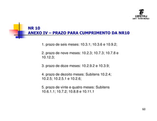 60
NR 10
ANEXO IV – PRAZO PARA CUMPRIMENTO DA NR10
1. prazo de seis meses: 10.3.1; 10.3.6 e 10.9.2;
2. prazo de nove meses: 10.2.3; 10.7.3; 10.7.8 e
10.12.3;
3. prazo de doze meses: 10.2.9.2 e 10.3.9;
4. prazo de dezoito meses: Subitens 10.2.4;
10.2.5; 10.2.5.1 e 10.2.6;
5. prazo de vinte e quatro meses: Subitens
10.6.1.1; 10.7.2; 10.8.8 e 10.11.1
 