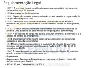 Regulamentação Legal
• 11.2.11 A empresa deverá providenciar cobertura apropriada dos locais de
carga e descarga da sacaria.
• 11.3 Armazenamento de materiais.
• 11.3.1 O peso do material armazenado não poderá exceder a capacidade de
carga calculada para o piso.
• 11.3.2 O material armazenado deverá ser disposto de forma a evitar a
obstrução de portas, equipamentos contra incêndio, saídas de emergências,
etc.
• 11.3.3. Material empilhado deverá ficar afastado das estruturas laterais do
prédio a uma distância de pelo menos 0,50m (cinqüenta centímetros).
• 11.3.4 A disposição da carga não deverá dificultar o trânsito, a iluminação, e o
acesso às saídas de emergência.
• 11.3.5 O armazenamento deverá obedecer aos requisitos de segurança
especiais a cada tipo de material.
• 11.4 Movimentação, Armazenagem e Manuseio de Chapas de Mármore,
Granito e outras rochas.(Acrescentado pela Portaria SIT n.º 56, de 17 de
setembro de 2003)
• 11.4.1 A movimentação, armazenagem e manuseio de chapas de mármore,
granito e outras rochas deve obedecer ao
• disposto no
• Regulamento Técnico de Procedimentos constante no Anexo I desta NR.
(Acrescentado pela Portaria
• SIT n.º 56, de 17 de setembro de 2003)
 