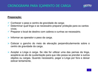 15
CRONOGRAMA PARA IÇAMENTO DE CARGA
Preparação:
 Conhecer o peso e centro de gravidade de carga;
 Determinar qual linga e se necessário preparar proteção para os cantos
vivos;
 Preparar o local de destino com caibros e cunhas se necessário.
 Informar ao operador o peso da carga.
 Colocar o gancho do meio de elevação perpendicularmente sobre o
centro de gravidade da carga.
 Acoplar a Linga à carga. Se não for utilizar uma das pernas da linga,
acoplá-la ao elo de sustentação para que não possa se prender a outros
objetos ou cargas. Quando necessário, pegar a Linga por fora e deixar
esticar lentamente.
 