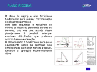 19
PLANO RIGGING
O plano de rigging é uma ferramenta
fundamental para realizar movimentação
de peças/equipamentos
com total segurança e reduzindo ao
mínimo os riscos de problemas durante os
serviços, uma vez que, através desse
planejamento é possível antecipar
eventuais dificuldades que poderiam
ocorrer durante a operação.
O plano também é fundamental para que o
equipamento usado na operação seja
dimensionado da melhor maneira possível,
tornando a operação economicamente
viável
 