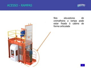 55
ACESSO - RAMPAS
Nos elevadores de
cremalheira a rampa pode
estar fixada à cabine de
forma articulada
 