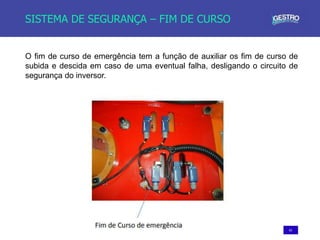 61
SISTEMA DE SEGURANÇA – FIM DE CURSO
O fim de curso de emergência tem a função de auxiliar os fim de curso de
subida e descida em caso de uma eventual falha, desligando o circuito de
segurança do inversor.
 