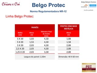 Linha Belgo Protec:
PAINÉIS
POSTES COM BASE
METÁLICA
Malha
(cm)
Altura
(m)
Diâmetro Final
do Arame
(mm)
Altura
(m)
5 X 20 1,03 4,30 1,08
5 X 20 1,53 4,30 1,58
5 X 20 2,03 4,30 2,08
2,5 X 20 2,03 4,30 2,08
1,25 X 20 2,03 3,30 2,08
Largura do painel: 2,50m Dimensão: 40 X 60 mm
Belgo Protec
Norma Regulamentadora NR-12
 