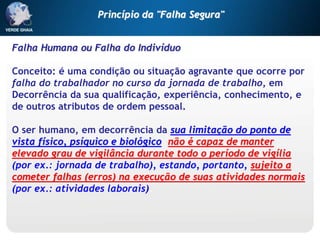 Falha Humana ou Falha do Indivíduo
Conceito: é uma condição ou situação agravante que ocorre por
falha do trabalhador no curso da jornada de trabalho, em
Decorrência da sua qualificação, experiência, conhecimento, e
de outros atributos de ordem pessoal.
O ser humano, em decorrência da sua limitação do ponto de
vista físico, psíquico e biológico, não é capaz de manter
elevado grau de vigilância durante todo o período de vigília
(por ex.: jornada de trabalho), estando, portanto, sujeito a
cometer falhas (erros) na execução de suas atividades normais
(por ex.: atividades laborais).
Princípio da "Falha Segura"
 