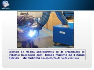 Exemplo de medida administrativa ou de organização do
trabalho: trabalhador com tempo máximo de 4 horas
diárias de trabalho em operação de solda contínua
 