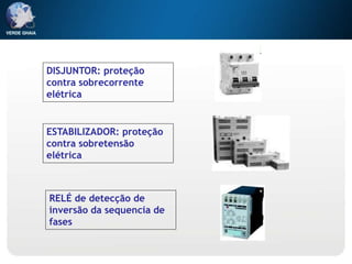DISJUNTOR: proteção
contra sobrecorrente
elétrica
ESTABILIZADOR: proteção
contra sobretensão
elétrica
RELÉ de detecção de
inversão da sequencia de
fases
 