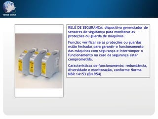 RELÉ DE SEGURANÇA: dispositivo gerenciador de
sensores de segurança para monitorar as
proteções ou guarda de máquinas.
Função: verificar se as proteções ou guardas
estão fechadas para garantir o funcionamento
das máquinas com segurança e interromper o
funcionamento no caso da segurança estar
comprometida.
Características de funcionamento: redundância,
diversidade e monitoração, conforme Norma
NBR 14153 (EN 954).
 