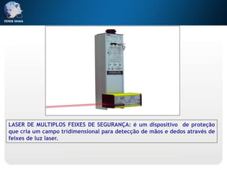 LASER DE MULTIPLOS FEIXES DE SEGURANÇA: é um dispositivo de proteção
que cria um campo tridimensional para detecção de mãos e dedos através de
feixes de luz laser.
 