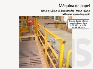 Guarda Corpo Interno
atendendo aos itens
12.70, 12.71 e 12.71.1
da NR 12:2013
Máquina após adequação
ZONA 2 = ÁREA DE FORMAÇÃO - MESA PLANA
Máquina de papel
 