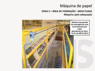 Sistema de parada
de emergência com
acionamento por
cabo
atendendo ao item
12.61 da NR12:2013
Máquina após adequação
ZONA 2 = ÁREA DE FORMAÇÃO - MESA PLANA
Máquina de papel
 
