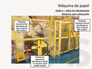 Proteção
mecânica fixa
atendendo ao
item 12.38 da
NR 12:2013.
Proteção
mecânica móvel
atendendo ao
item 12.38 da
NR 12:2013
Chaves de
segurança
atendendo a alínea
“a” do item 12.44
da NR 12:2013
Máquina após adequação
ZONA 3 = ÁREA DE PRENSAGEM
Máquina de papel
 