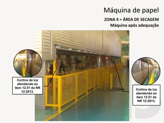 Cortina de luz
atendendo ao
item 12.51 da NR
12:2013.
Cortina de luz
atendendo ao
item 12.51 da
NR 12:2013.
Máquina após adequação
ZONA 4 = ÁREA DE SECAGEM
Máquina de papel
 