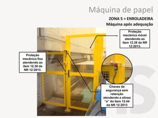 Proteção
mecânica fixa
atendendo ao
item 12.38 da
NR 12:2013.
Proteção
mecânica móvel
atendendo ao
item 12.38 da NR
12:2013.
Chaves de
segurança sem
retenção
atendendo a alínea
“a” do item 12.44
da NR 12:2013
Máquina após adequação
ZONA 5 = ENROLADEIRA
Máquina de papel
 