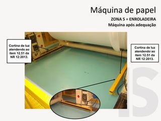 Cortina de luz
atendendo ao
item 12.51 da
NR 12:2013.
Cortina de luz
atendendo ao
item 12.51 da
NR 12:2013.
Máquina após adequação
ZONA 5 = ENROLADEIRA
Máquina de papel
 