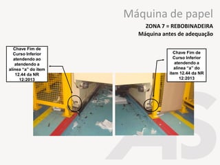 Chave Fim de
Curso Inferior
atendendo a
alínea “a” do
item 12.44 da NR
12:2013
Chave Fim de
Curso Inferior
atendendo ao
atendendo a
alínea “a” do item
12.44 da NR
12:2013
Máquina antes de adequação
ZONA 7 = REBOBINADEIRA
Máquina de papel
 