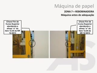 Chave Fim de
Curso Superior
atendendo a
alínea “a” do
item 12.44 da
NR 12:2013
Chave Fim de
Curso Superior
atendendo a
alínea “a” do
item 12.44 da NR
12:2013
Máquina antes de adequação
ZONA 7 = REBOBINADEIRA
Máquina de papel
 