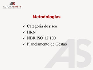 ✓ Categoria de risco
✓ HRN
✓ NBR ISO 12:100
✓ Planejamento de Gestão
Metodologias
 
