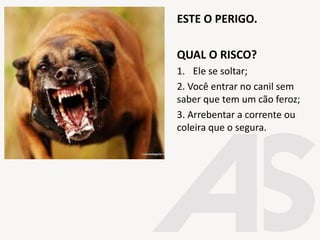 ESTE O PERIGO.
QUAL O RISCO?
1. Ele se soltar;
2. Você entrar no canil sem
saber que tem um cão feroz;
3. Arrebentar a corrente ou
coleira que o segura.
 