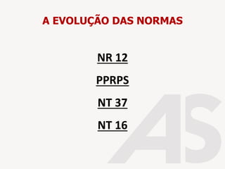 NR 12
PPRPS
NT 37
NT 16
A EVOLUÇÃO DAS NORMAS
 