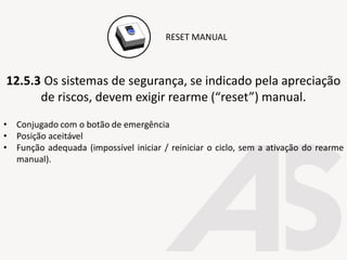 12.5.3 Os sistemas de segurança, se indicado pela apreciação
de riscos, devem exigir rearme (“reset”) manual.
• Conjugado com o botão de emergência
• Posição aceitável
• Função adequada (impossível iniciar / reiniciar o ciclo, sem a ativação do rearme
manual).
RESET MANUAL
 