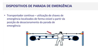 DISPOSITIVOS DE PARADA DE EMERGÊNCIA
• Transportador contínuo – utilização de chaves de
emergência localizados de forma visível a partir da
posição de desacionamento da parada de
emergência
 