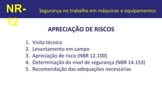 APRECIAÇÃO DE RISCOS
1. Visita técnica
2. Levantamento em campo
3. Apreciação de risco (NBR 12.100)
4. Determinação do nível de segurança (NBR 14.153)
5. Recomendação das adequações necessárias
NR-
12
Segurança no trabalho em máquinas e equipamentos
 