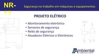 PROJETO ELÉTRICO
• Monitoramento eletrônico
• Sensores de segurança
• Relés de segurança
• Atuadores Elétricos e Eletrônicos
NR-
12
Segurança no trabalho em máquinas e equipamentos
 