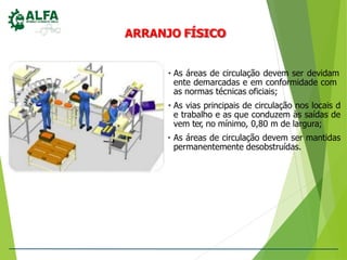 ARRANJO FÍSICO
• As áreas de circulação devem ser devidam
ente demarcadas e em conformidade com
as normas técnicas oficiais;
• As vias principais de circulação nos locais d
e trabalho e as que conduzem às saídas de
vem ter, no mínimo, 0,80 m de largura;
• As áreas de circulação devem ser mantidas
permanentemente desobstruídas.
 