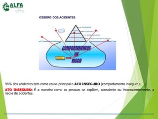 96% dos acidentes tem como causa principal o ATO INSEGURO (comportamento inseguro).
ATO INSEGURO: É a maneira como as pessoas se expõem, consciente ou inconscientemente, a
riscos de acidentes.
 