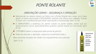 PONTE ROLANTE
ORIENTAÇÕES GERAIS – SEGURANÇA E OPERAÇÃO
 Manutenção ou reparos devem ser feitos com a Ponte Rolante sem carga, com chave
geral e a chave seccionadora DESLIGADAS, estando esta última com cadeado, ficando
a chave com o profissional que estiver executando a manutenção; (item 12.113)
 É OBRIGATÓRIO a existência do alarme sonoro na ponte rolante, sendo que seu
funcionamento ocorre automaticamente quando a ponte rolante se movimenta; (item
12.33)
 É PROIBIDO elevar a carga presa pela ponta do gancho;
 Antes de executar a operação, inspecione visualmente toda a
área, prevendo situações de colisão com equipamentos e/ou pessoas.
(item 12.13)
 