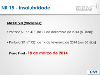 NR 15 - Insalubridade
ANEXO VIII (Vibrações):
§ Portaria SIT n.º 413, de 17 de dezembro de 2013 (60 dias);
§ Portaria SIT n.º 422, de 14 de fevereiro de 2014 (por 30 dias)
Prazo Final - 18 de março de 2014
 