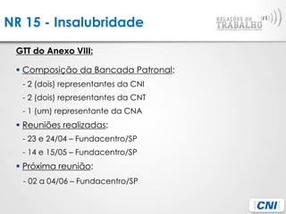 NR 15 - Insalubridade
GTT do Anexo VIII:
§ Composição da Bancada Patronal:
- 2 (dois) representantes da CNI
- 2 (dois) representantes da CNT
- 1 (um) representante da CNA
§ Reuniões realizadas:
- 23 e 24/04 – Fundacentro/SP
- 14 e 15/05 – Fundacentro/SP
§ Próxima reunião:
- 02 a 04/06 – Fundacentro/SP
 