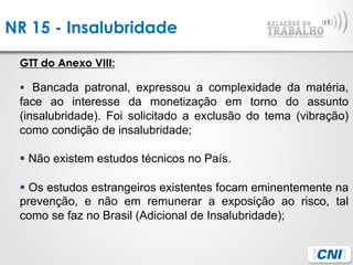 NR 15 - Insalubridade
GTT do Anexo VIII:
§  Bancada patronal, expressou a complexidade da matéria,
face ao interesse da monetização em torno do assunto
(insalubridade). Foi solicitado a exclusão do tema (vibração)
como condição de insalubridade;
§ Não existem estudos técnicos no País.
§ Os estudos estrangeiros existentes focam eminentemente na
prevenção, e não em remunerar a exposição ao risco, tal
como se faz no Brasil (Adicional de Insalubridade);
 