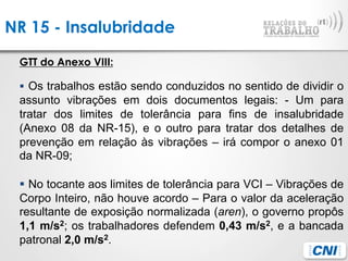 NR 15 - Insalubridade
GTT do Anexo VIII:
§  Os trabalhos estão sendo conduzidos no sentido de dividir o
assunto vibrações em dois documentos legais: - Um para
tratar dos limites de tolerância para fins de insalubridade
(Anexo 08 da NR-15), e o outro para tratar dos detalhes de
prevenção em relação às vibrações – irá compor o anexo 01
da NR-09;
§  No tocante aos limites de tolerância para VCI – Vibrações de
Corpo Inteiro, não houve acordo – Para o valor da aceleração
resultante de exposição normalizada (aren), o governo propôs
1,1 m/s2; os trabalhadores defendem 0,43 m/s2, e a bancada
patronal 2,0 m/s2.
 