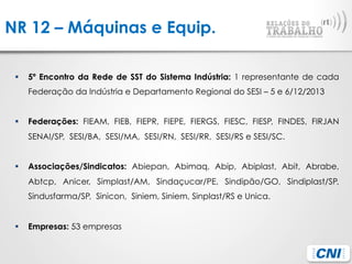 NR 12 – Máquinas e Equip.
§  5º Encontro da Rede de SST do Sistema Indústria: 1 representante de cada
Federação da Indústria e Departamento Regional do SESI – 5 e 6/12/2013
§  Federações: FIEAM, FIEB, FIEPR, FIEPE, FIERGS, FIESC, FIESP, FINDES, FIRJAN
SENAI/SP, SESI/BA, SESI/MA, SESI/RN, SESI/RR, SESI/RS e SESI/SC.
§  Associações/Sindicatos: Abiepan, Abimaq, Abip, Abiplast, Abit, Abrabe,
Abtcp, Anicer, Simplast/AM, Sindaçucar/PE, Sindipão/GO, Sindiplast/SP,
Sindusfarma/SP, Sinicon, Siniem, Siniem, Sinplast/RS e Unica.
§  Empresas: 53 empresas
 