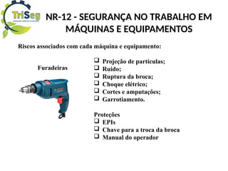 NR-12 - SEGURANÇA NO TRABALHO EM
MÁQUINAS E EQUIPAMENTOS
Riscos associados com cada máquina e equipamento:
 Projeção de partículas;
 Ruído;
 Ruptura da broca;
 Choque elétrico;
 Cortes e amputações;
 Garrotiamento.
Proteções
 EPIs
 Chave para a troca da broca
 Manual do operador
Furadeiras
 
