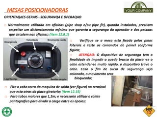 _MESAS POSICIONADORAS
ORIENTAQdES GERAIS - SEGURANQA E OPERAQAO
□ Normalmente utilizada em oficinas (pipe shop e/ou pipe fit), quando instaladas, precisam
respeitar um distanciamento mfnimo que garanta a seguranga do operador e das pessoas
que circulem nas oficinas; (item 12.8.1)
□ Verifique se a mesa esta fixada pelos pinos
laterais e teste os comandos do painel conforme
figura;
□ ATENQAO: O dispositivo de seguranga tem a
finalidade de impedir a queda brusca da placa -se o
cabo estender-se muito rapido, o dispositivo trava o
cabo. Caso o fim de curso de seguranga seja
acionado, o movimento sera
bloqueado;
□ Fixe o cabo terra da maquina de solda (ver figura) no terminal
que esta atras da placa giratoria; (item 12.15)
□ Para tubos maiores que 1,2m; e necessario utilizar o rolete
pantografico para dividir a carga entre os apoios;
Velocidade Movimento rapido
Emergencia
Liga Desliga Sentido de giro
 