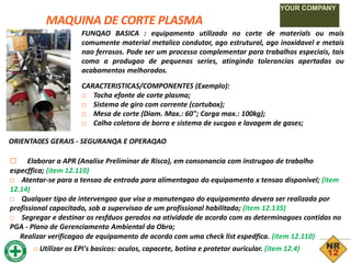 MAQUINA DE CORTE PLASMA
YOUR COMPANY
FUNQAO BASICA : equipamento utilizado no corte de materials ou mais
comumente material metalico condutor, ago estrutural, ago inoxidavel e metais
nao ferrosos. Pode ser um processo complementar para trabalhos especiais, tais
como a produgao de pequenas series, atingindo tolerancias apertadas ou
acabamentos melhorados.
CARACTERISTICAS/COMPONENTES (Exemplo):
□ Tocha efonte de corte plasma;
□ Sistema de giro com corrente (cortubox);
□ Mesa de corte (Diam. Max.: 60"; Carga max.: 100kg);
□ Calha coletora de borra e sistema de sucgao e lavagem de gases;
ORIENTA0ES GERAIS - SEGURANQA E OPERAQAO
□ Elaborar a APR (Analise Preliminar de Risco), em consonancia com instrugao de trabalho
especffica; (item 12.110)
□ Atentar-se para a tensao de entrada para alimentagao do equipamento x tensao disponivel; (item
12.14)
□ Qualquer tipo de intervengao que vise a manutengao do equipamento devera ser realizada por
profissional capacitado, sob a supervisao de um profissional habilitado; (item 12.135)
□ Segregar e destinar os resfduos gerados na atividade de acordo com as determinagoes contidas no
PGA - Plano de Gerenciamento Ambiental da Obra;
Realizar verificagao de equipamento de acordo com uma check list espedfica. (item 12.110)
□ Utilizar os EPI's basicos: oculos, capacete, botina e protetor auricular. (item 12.4)
 