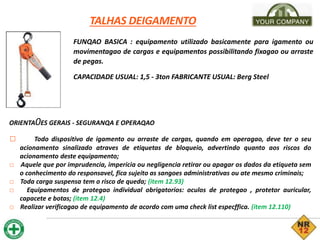 TALHAS DEIGAMENTO
FUNQAO BASICA : equipamento utilizado basicamente para igamento ou
movimentagao de cargas e equipamentos possibilitando fixagao ou arraste
de pegas.
CAPACIDADE USUAL: 1,5 - 3ton FABRICANTE USUAL: Berg Steel
ORIENTA0ES GERAIS - SEGURANQA E OPERAQAO
□ Todo dispositivo de igamento ou arraste de cargas, quando em operagao, deve ter o seu
acionamento sinalizado atraves de etiquetas de bloqueio, advertindo quanto aos riscos do
acionamento deste equipamento;
□ Aquele que por imprudencia, impericia ou negligencia retirar ou apagar os dados da etiqueta sem
o conhecimento do responsavel, fica sujeito as sangoes administrativas ou ate mesmo criminais;
□ Toda carga suspensa tem o risco de queda; (item 12.93)
□ Equipamentos de protegao individual obrigatorios: oculos de protegao , protetor auricular,
capacete e botas; (item 12.4)
□ Realizar verificagao de equipamento de acordo com uma check list especffica. (item 12.110)
 